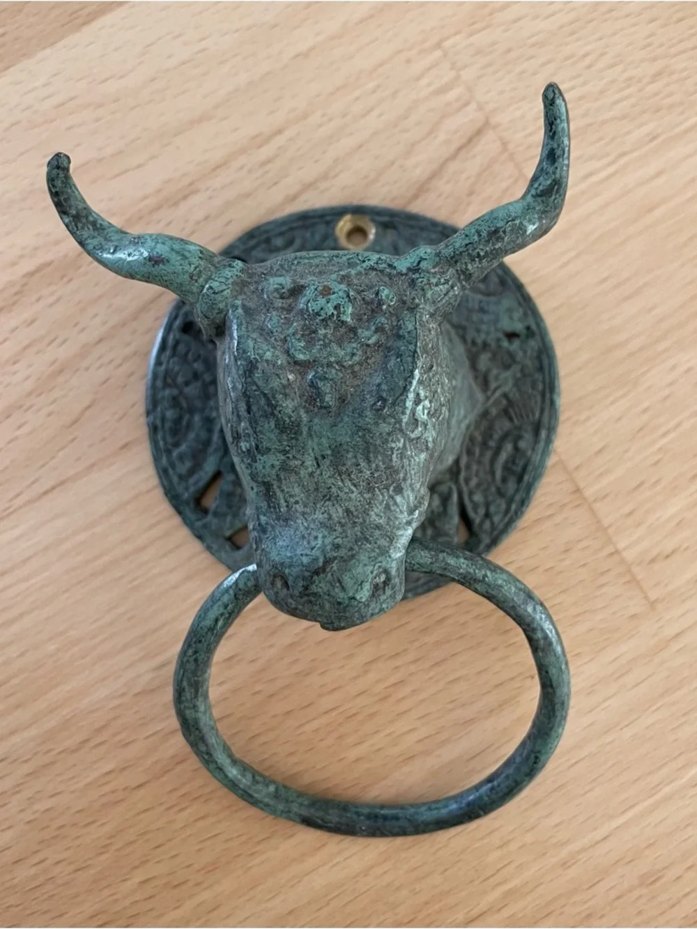 Antique-Style Bull Head Wall Ring - Green Patina